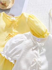 SHEIN 2件套 4-7岁女童休闲黄色/白色泡泡纹理蝴蝶结装饰荷叶边圆领泡泡袖上衣，适合春夏日常穿着、户外活动、休闲服 - 彩色 - 查看 5