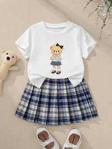 Souflis Souflis 2pcs/Set French Style Casual School Girl White Round Neck Cute Bear Graphic T-Shirt & Khaki Plaid Skirt Outfit, Suitable For School, Leisure, Home And Other Occasions, Girls - Multicolor - View 6