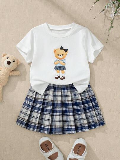 Souflis Souflis 2pcs/Set French Style Casual School Girl White Round Neck Cute Bear Graphic T-Shirt & Khaki Plaid Skirt Outfit, Suitable For School, Leisure, Home And Other Occasions, Girls