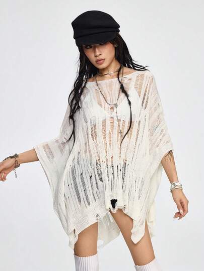 Top en tricot transparent et déchiré à manches chauve-souris surdimensionnées, tenue de vacances