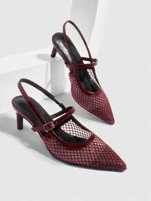 CUCCOO SZL Women's Fashion Wine Red Mesh Rhinestone Pointed Toe Slingback Flat Pumps, Suitable For Commuting, Dating, Party, Wedding, Holiday Spring Shoes Spring Break Easter Prom Heels - Burgundy - View 1