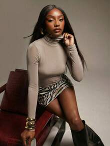 Hauture Fall Sexy Mob Wife Party Stretch Sheer High Neck Collared Extra Long Sleeve Bodysuit - Brown - View 5