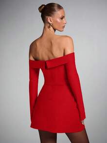 SHEIN BAE 优雅露肩纯色迷你连衣裙，通勤必备 - 紅色 - 查看 2