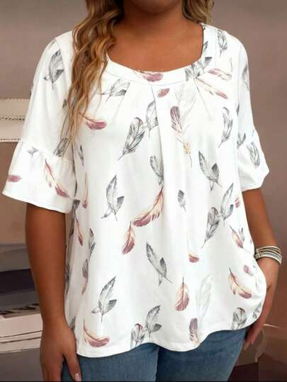 EMERY ROSE Blouse ample à col rond, poignets à volants et imprimé plumes pour femmes grandes tailles