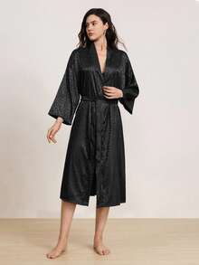 1pc Women's Elegant Soft & Silky Jacquard Long Sleeve Robe, Sexy Loose Breathable Sleepwear, Suitable For All Seasons Home Use - Black - View 5