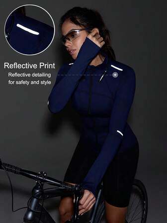 Exploreva Women's Outdoor Sports Reflective Stripe Thumb Hole Long Sleeve Jacket, Navy Blue