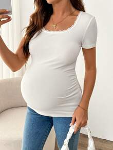 SHEIN Maternity Casual Contrast Lace Round Neck Fitted Short Sleeve T-Shirt, Summer - White - View 1