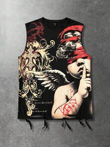 ROMWE MEN 男士无袖背心，街头风暗黑美式天使孩童荆棘印花做旧背心 - 黑色 - 查看 1