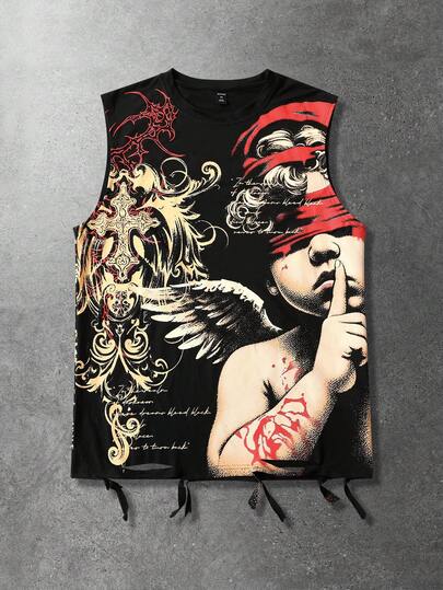 ROMWE MEN 男士无袖背心，街头风暗黑美式天使孩童荆棘印花做旧背心