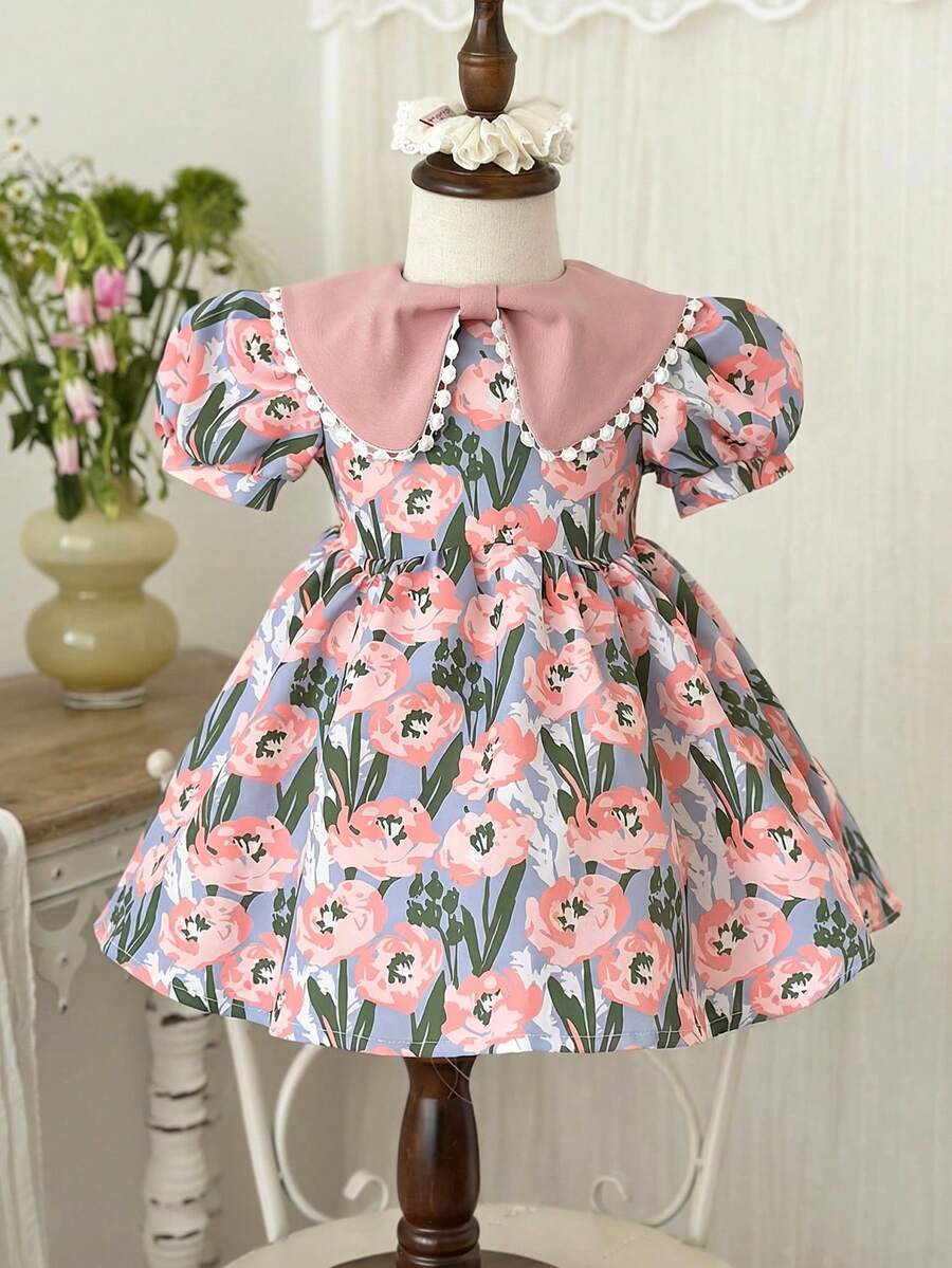 LMoss Kids LMoss Baby Girl Cute Ditsy Floral Ruffle Collar Puff Sleeve Dress,Summer Flower Girl Blue Pink Casual Clothes For Parties,Birthdays&Everyday Life - Multicolor - View 1