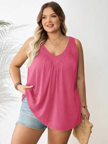 SHEIN CURVE+ Plus Size Women Green V-Neck Loose Camisole, Going Out Tops - Watermelon Pink - View 6