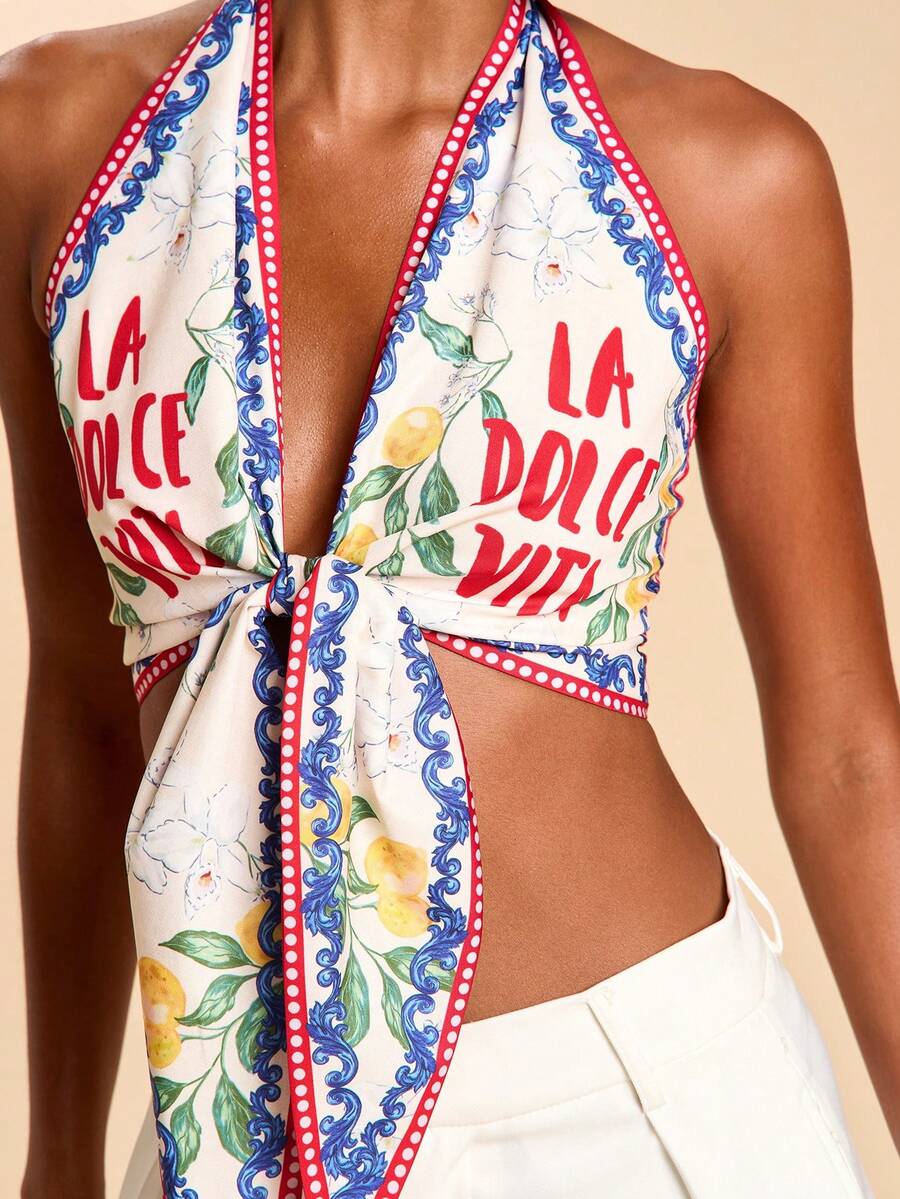 Travachic Women's Sexy Backless Halter Neck Floral & Letter Print Vacation Beach Top - Multicolor - View 1