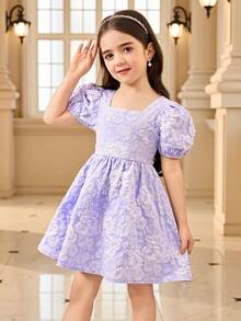 SHEIN 少女提花编织紫色修身可爱公主泡泡袖露背蝴蝶结领纹理连衣裙，优雅度假装，春夏款 - 紫色 - 查看 4