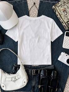 少女休闲简约修身圆领短袖高腰露脐常规T恤，适合夏季穿着 - 彩色 - 查看 2