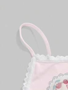 ROMWE Kawaii Bộ đồ ngủ gồm áo hai dây ren và quần short xếp ly in hình thỏ, bướm và hoa dễ thương và duyên dáng, thích hợp mặc ở nhà. - Hồng - Xem 7