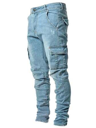 Street Life Herren einfarbige Skinny Cargo Jeans mit schräger Tasche