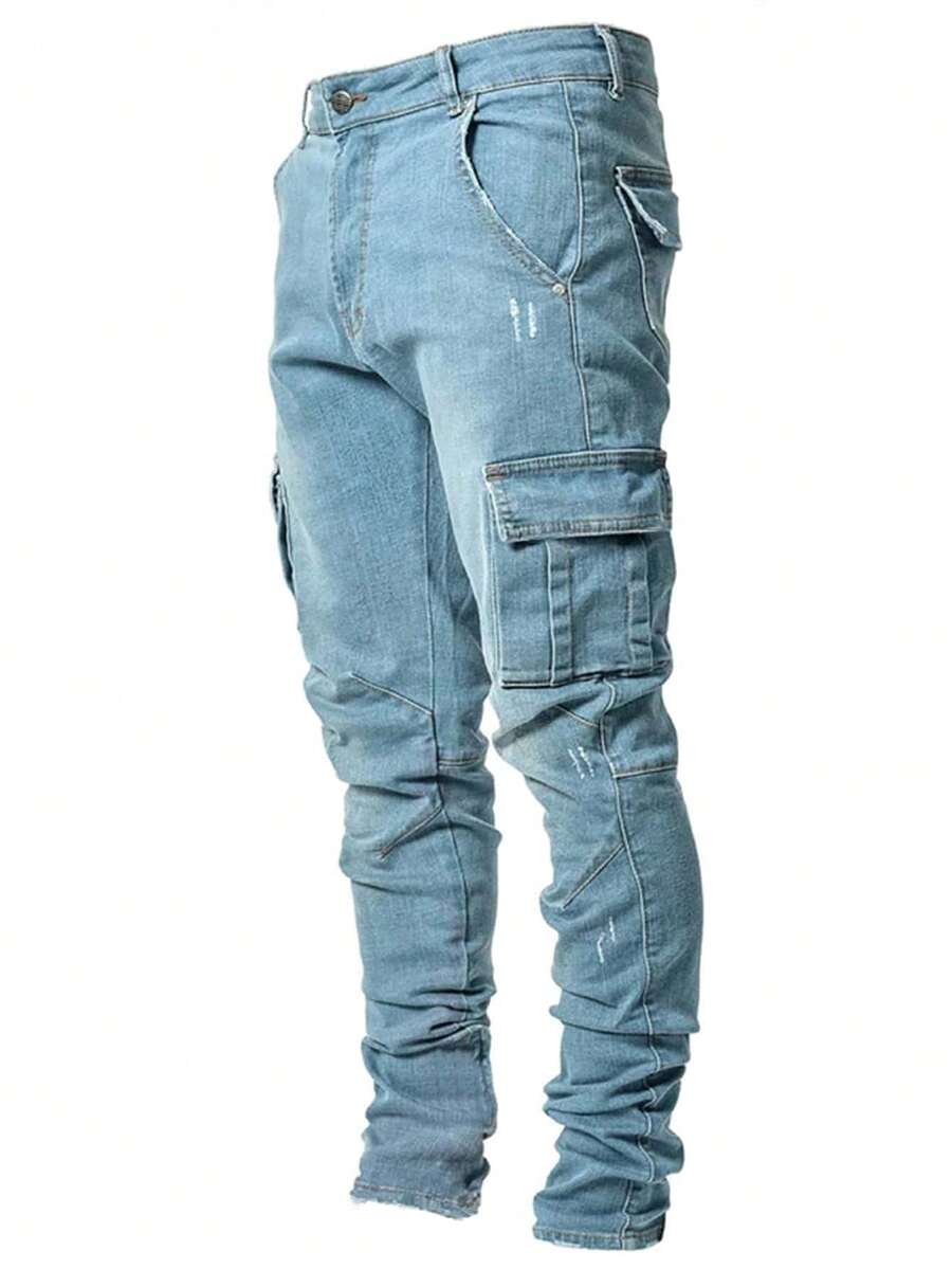 ROMWE MEN Street Life Quần jeans cargo nam màu trơn, dáng ôm, túi xéo, thời trang. - Màu xanh lam - Xem 1