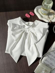 Áo kiểu công chúa màu trắng thanh lịch cho bé gái tuổi teen, tay ngắn phối ren tương phản và điểm nhấn nơ, dễ thương và đa năng. - trắng - Xem 4