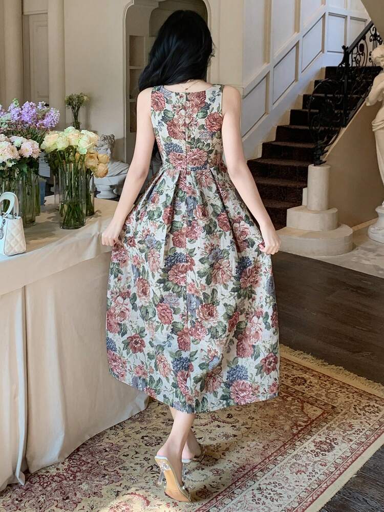 Women's Elegant Floral Print Sleeveless Dress With Square Neckline, Summer Wedding Guest Dress Maxi Dress Sundress Boho