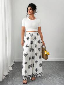 Elenzga Elegant & Fashionable Random Print Plus Size Women Pants Black And White Pants Boho Pants Print Pants Palazzo Pants Women Summer Pants - Black and White - View 7
