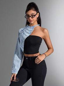 SHEIN Unity 不对称做旧复古水洗牛仔夹克 - 淺色水洗藍 - 查看 5
