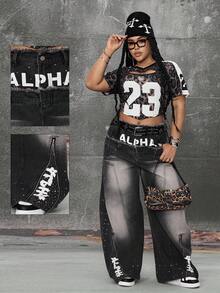 ROMWE EDITION Plus Size Women's Fashion Rhinestone Washed Flared Jeans - Multicolor - View 11