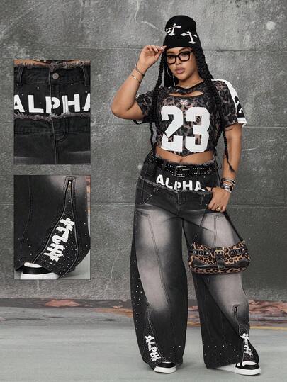 Grunge Punk Jeans a zampa di elefante con lavaggio e strass per donne taglie forti