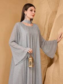 Al Najma 女士亮面宽松宴会礼服，优雅长款垂坠效果连衣裙 - 灰色 - 查看 5