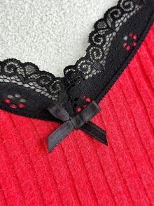 EURMUSE Cotton Women 2 Pcs Contrast Colour Lace Detail V Neck Rib Knit Sexy Top & Long Pants Homewear Comfort Solid Homewear Lounge Set - Red - View 5