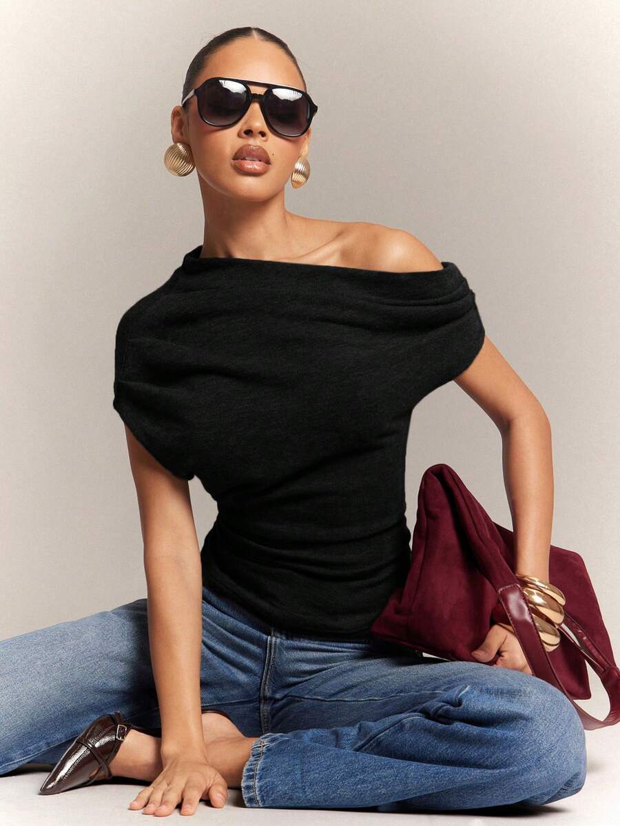 Hauture Women's Office Casual Dialy Simple Off Shoulder Wool Like Knit Ruched Top - Black - View 1