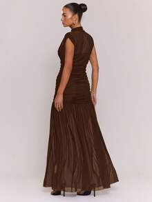 MUSERA Mesh Underlay Pleated Maxi Dress Winter Cosy Cute Casual Night Out Date Night  Party - Chocolate Brown - View 4