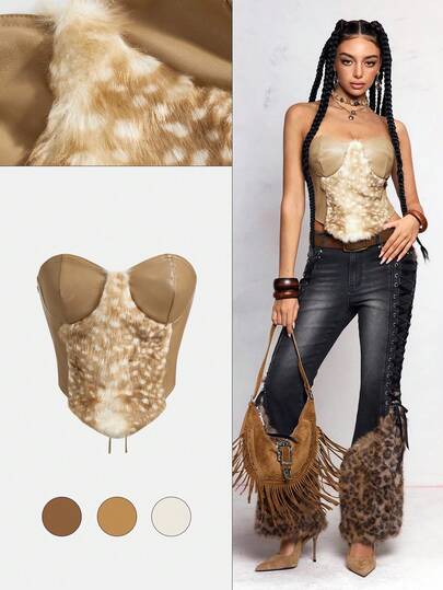 Hippie Y2K sexy Hirsch Flecken Muster Plüsch Bandeau Top für Frauen