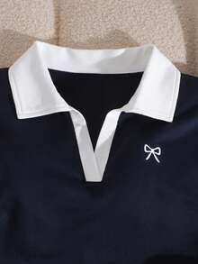 Sparklyn Bộ đồ thể thao đa năng 2 món dành cho thanh thiếu niên, gồm áo dài tay có cổ thêu nơ và quần ống rộng cạp chun cùng màu, thoải mái và thời trang cho mặc hàng ngày và tập luyện thể thao. - Màu xanh hải quân - Xem 5