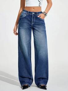 Flirla Women's Casual Washed Low Waist Wing Embroidered Jeans Women Baggy Jeans Flare Jeans Jeans With Wing Embroidery Wide Leg Jeans Long Jeans - Blue - View 4