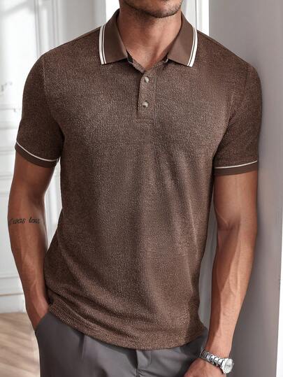 Core Aspect Men's Jacquard Knit Polo Shirt With Collar Men's Textured Striped Polo Shirt Knitted Jacquard Striped Textured Fabric, Outfits Husband And Boyfriend Gifts For Friends, Suitable For Daily Outings, Gatherings With Friends, And Casual Weekends, Best-Selling Versatile Item On INS Men Buttoned Knitted Polo Brown Tops For Men Men Polo Shirts,Official  Polo,Elegant  Polo,Business  Polo  Oldmoney  Casual Polo