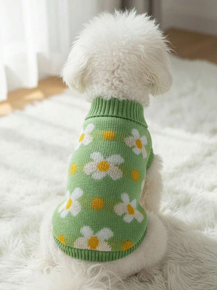 PETSIN 1pc White Small Flower Knitted Warm Pet Sweater With High Neck, Thick Warm Clothes For Pets In Spring, Autumn, And Winter - Multicolor - View 1