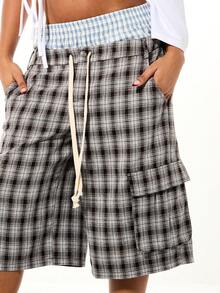 SUMWON WOMEN 格纹工装短裤，双腰带，长款，及大腿中部，抽绳设计，撞色腰带口袋 - 彩色 - 查看 4