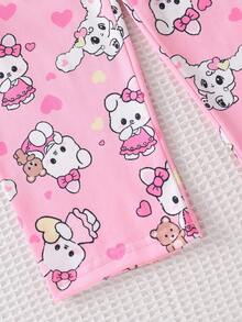 Young Girl' Pink Heart Rabbit Cartoon Print Short Sleeve Pajama Set, Flame Retardant - Pink - View 5