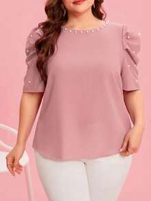 SHEIN Clasi Áo kiểu dáng rộng rãi, cổ tròn, tay ngắn, trang trí họa tiết ngọc trai giả, thích hợp cho dịp Lễ Tình nhân. - Màu Hồng baby - Xem 6
