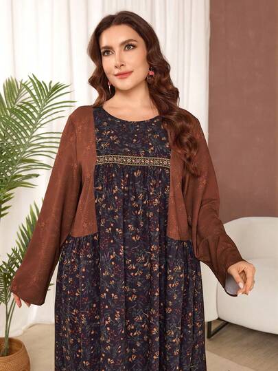 Lacomfia Plus Size Women's Long Sleeve, Round Neck, Ribbon Decor Print Fabric Patchwork Textured Elegant Dress