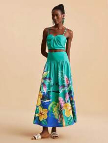 Travachic Women's Summer Casual Beach Vacation Pleated Cropped Camisole And Tropical Print High Waist Mini Skirt Set - Green - View 4