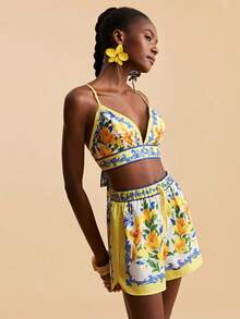 Travachic Women's Summer Vacation Beach Tropical Print Camisole And Shorts 2 Pieces Set - Yellow - View 4