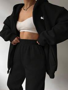 INAWLY 2pcs Casual Loose Hooded Graphic Print Long Sleeve Sweatshirt Jacket & Drawstring Waist Loose Pants Set - Black - View 1