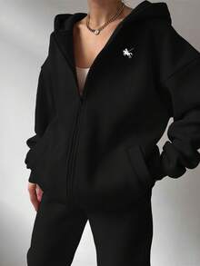 INAWLY 2pcs Casual Loose Hooded Graphic Print Long Sleeve Sweatshirt Jacket & Drawstring Waist Loose Pants Set - Black - View 4