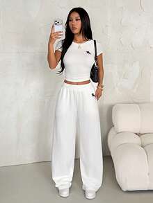 SHEIN PETITE 2pcs/Set Women Embroidery Knit Fitted Home Outfit, Summer White - White - View 8