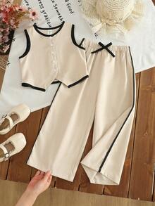 SHEIN Young Girl Casual Spring/Summer Plain Woven Sleeveless Vest And Pants Set