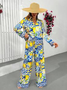 Women's Lemon Tile Print Two Pieces Set – Long Sleeve Button Up Shirt & Wide Leg Pants, Mediterranean Summer Outfit, Vacation Lounge Wear - Multicolor - View 4