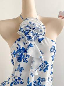 Soleia Áo kiểu Bohemian Boho cổ yếm hở lưng in hoa lãng mạn, xếp ly, thích hợp cho nữ, mùa xuân/hè. - Màu xanh lam - Xem 3