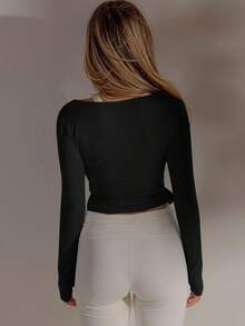 Aralina Camiseta deportiva casual de manga larga con envolvente y nudo delantero para mujer - Negro - Ver 2