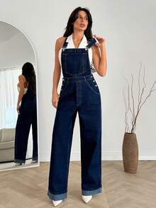 SHEIN %100 Cotton Women's Dark Wash Jumpsuit - Dark Wash - View 3